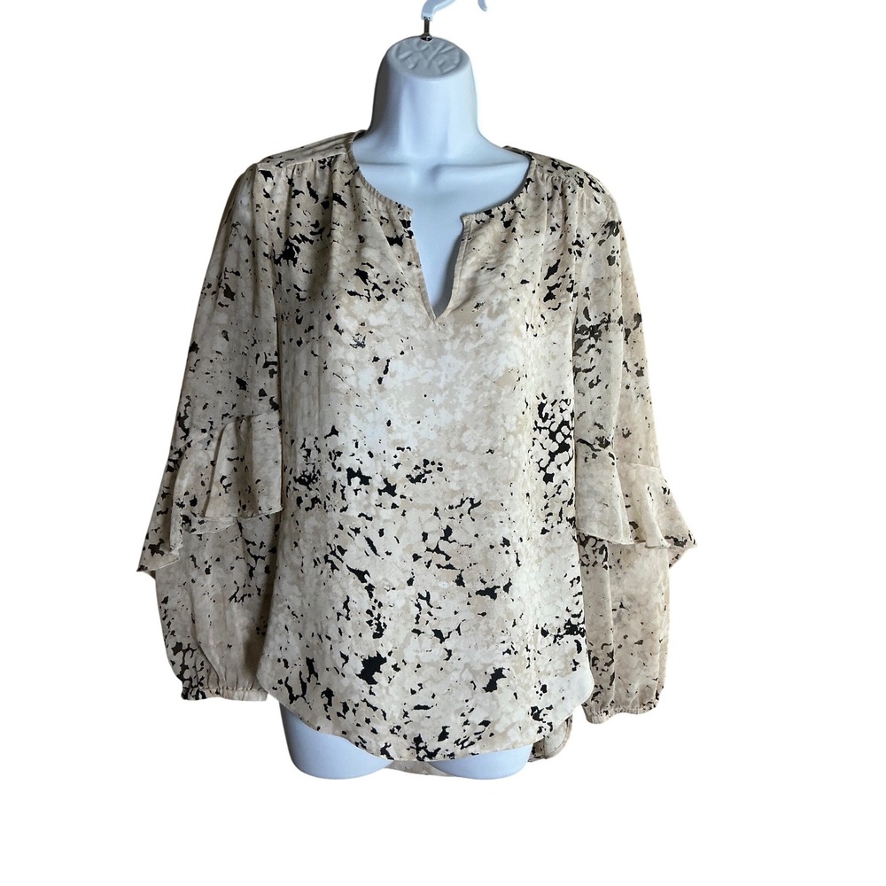 H Halston Womens Neutral Abstract Print Ruffle Sleeve V-Neck Blouse Medium